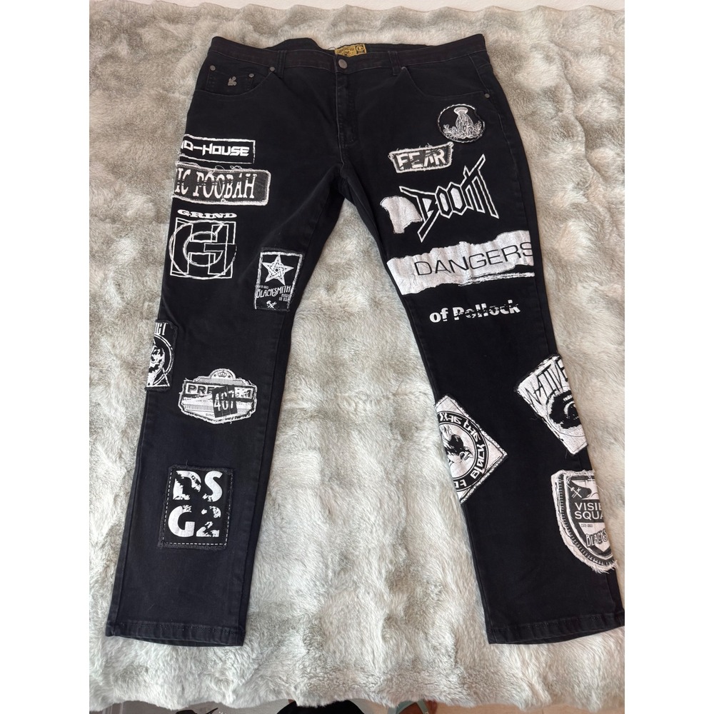 Grindhouse Denim Mens Black Graphic Patch Punk Streetwear Jeans Size 44x30-0592